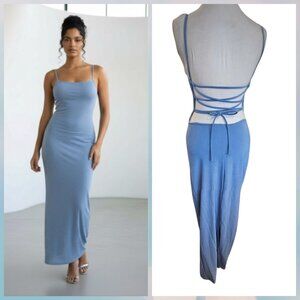 Y2K Light‎ Blue Formal Dress Sparkle Laceup Open Back Stretch Sz S Prom Event